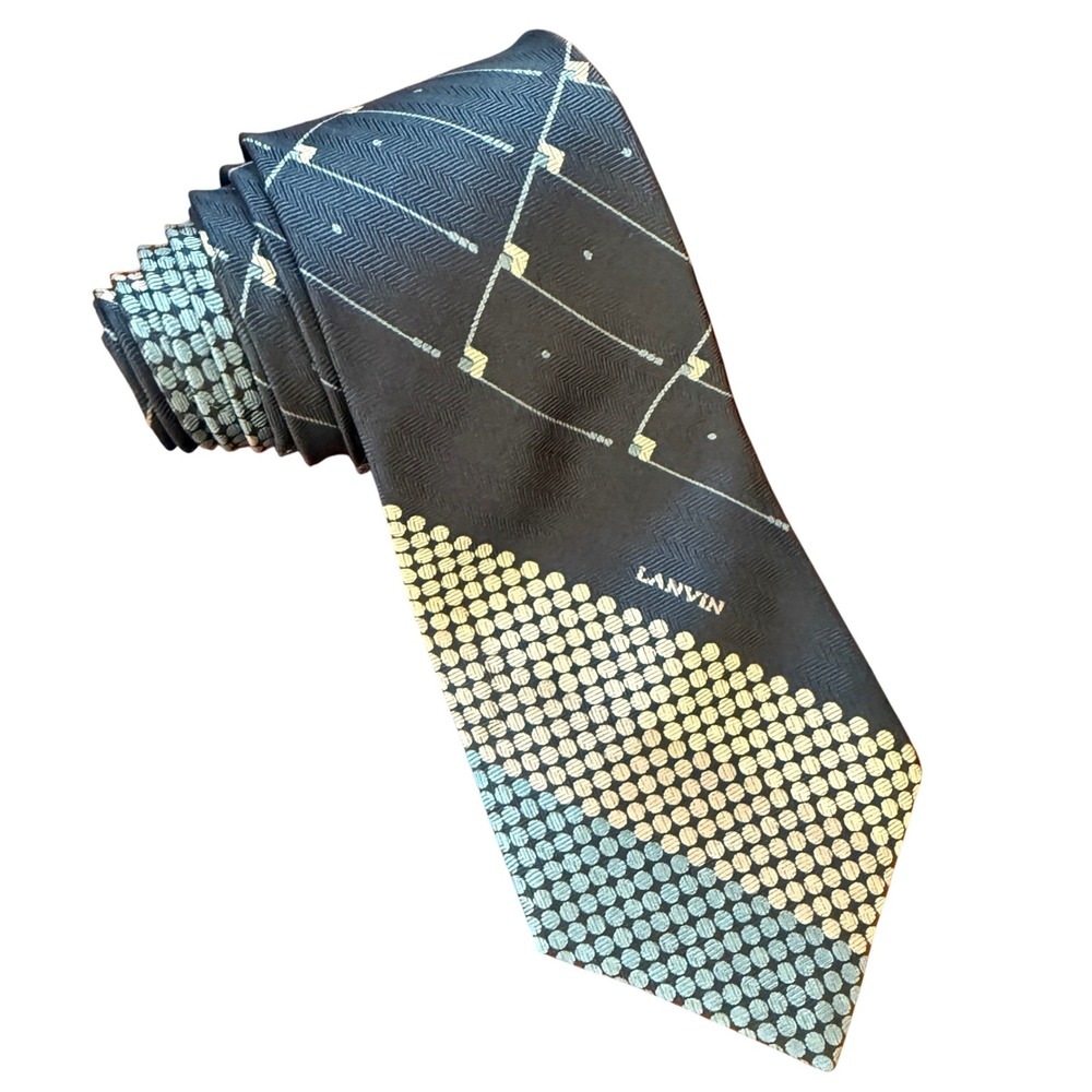 Lanvin Paris 100% Silk Tie Blue Geometric Dot Stripe Pattern France Quiet Luxury